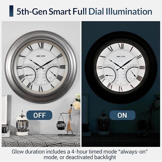 ANDY STAR 24 Inch Outdoor Clocks Waterproof,Large Outdoor Wall Clocks for Garden Patio Pool, Weatherproof Illuminated Metal Clock Battery Operated with Thermometer&Hygrometer, Silver Non Ticking