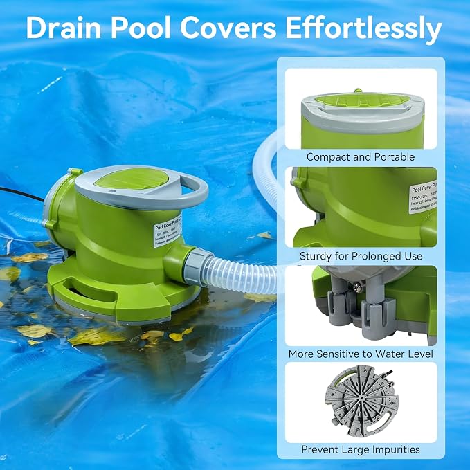 1/4 HP Automatic Swimming Pool Cover Pump, Submersible Sump Pump | 1800 GPH 25FT Head Submersible Sump Pump with 3/4” Check Valve Adapter, Automatic On/Off Water Removal for Pool, Basement