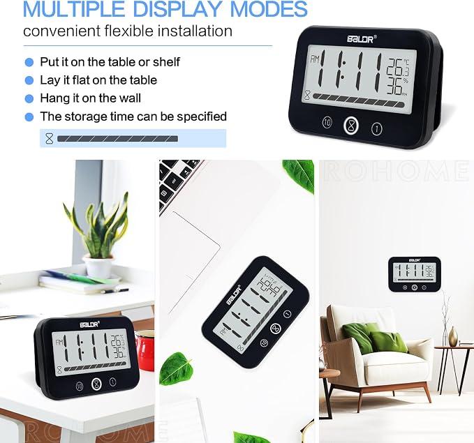 Waterproof Hanging Bathroom Wall Clock with Timer, Large Digital Shower Mirror Suction Clock Thermometer Hygrometer, Visual Kitchen Cooking Countdown Timer, Bath Temperature Humidity Meter (Black)
