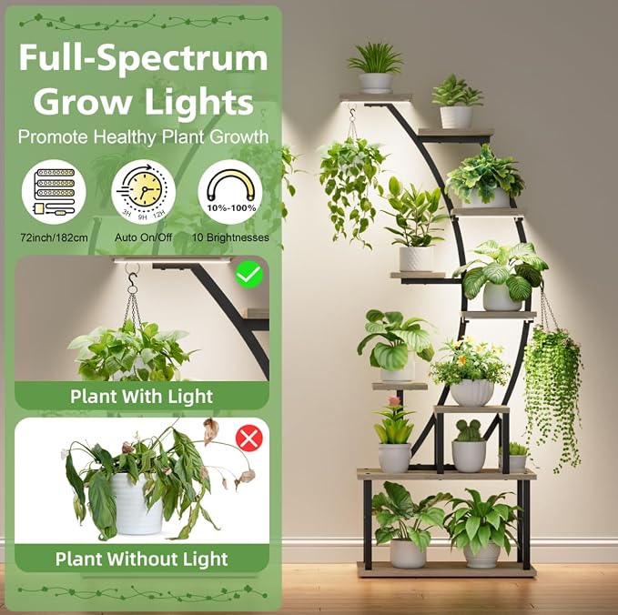 BACEKOLL Plant Stand Indoor with Grow Lights, 9 Tiered Metal Plant Shelf, 64" Tall Plant Stand for Indoor Plants Multiple, Large Plant Rack Display Shelf, Curved Plant Holder for Living Room, Grey