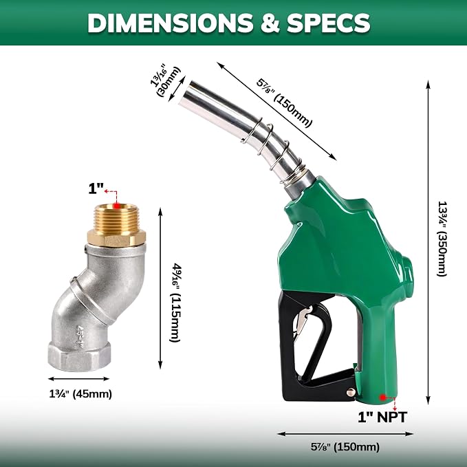 1" NPT Automatic Fuel Nozzle with Hose Swivel, Auto Shut-Off Gas Pump Nozzle, Max 30 GPM Flow, 3-Speed Padlock, 1-3/16” Spout, for Diesel, Gasoline, Kerosene, Biodiesel (Green)