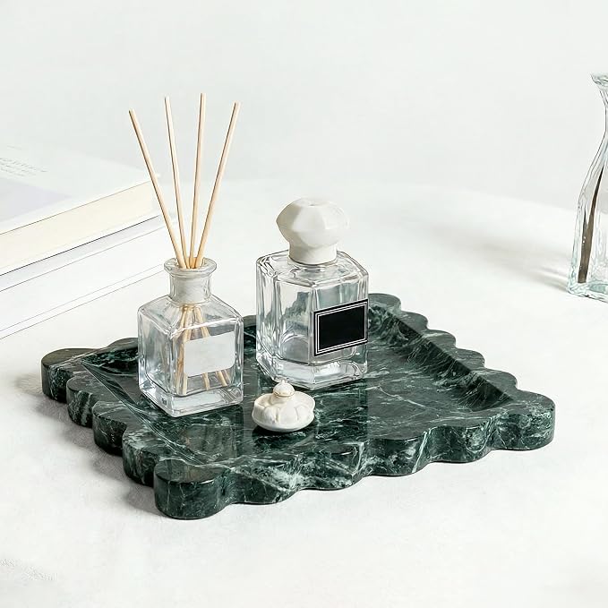 Scalloped Square Marble Decorative Tray, Natural Stone Vanity & Jewelry Tray, Trinket Organizer for Ring, Key, Dresser, Nightstand, Bathroom Counter & Kitchen Sink(Verde Alpi Green)