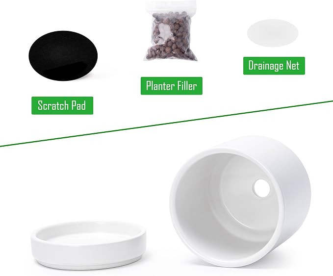 D'vine Dev 3.5 Inch & 4.7 Inch Ceramic Planter Pots for Plants with Drainage Hole and Saucer, X-Small Plant Pots Set, White, 94-G-XS-1