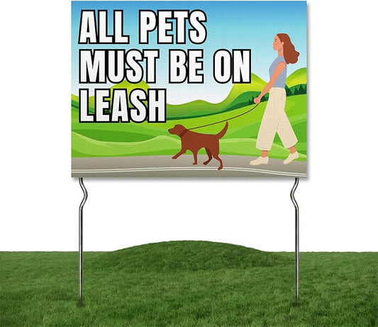 All Pets must be on leash Yard Sign by DC | 24"x18" Double Sided Pets Garden Sign with 13” Metal Stakes | Outdoor Signs Waterproof for Lawn, Patio, Sidewalk & House | Set of 2 | Made in USA