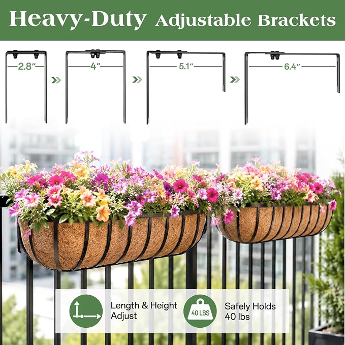 ZeeDix 4 Pack 24 Inch Railing Planter Box, Metal Window Boxes with Coco Liners for Railing, Hanging Flower Boxes for Deck Porch Balcony & Fence Outdoor Indoor Lawn