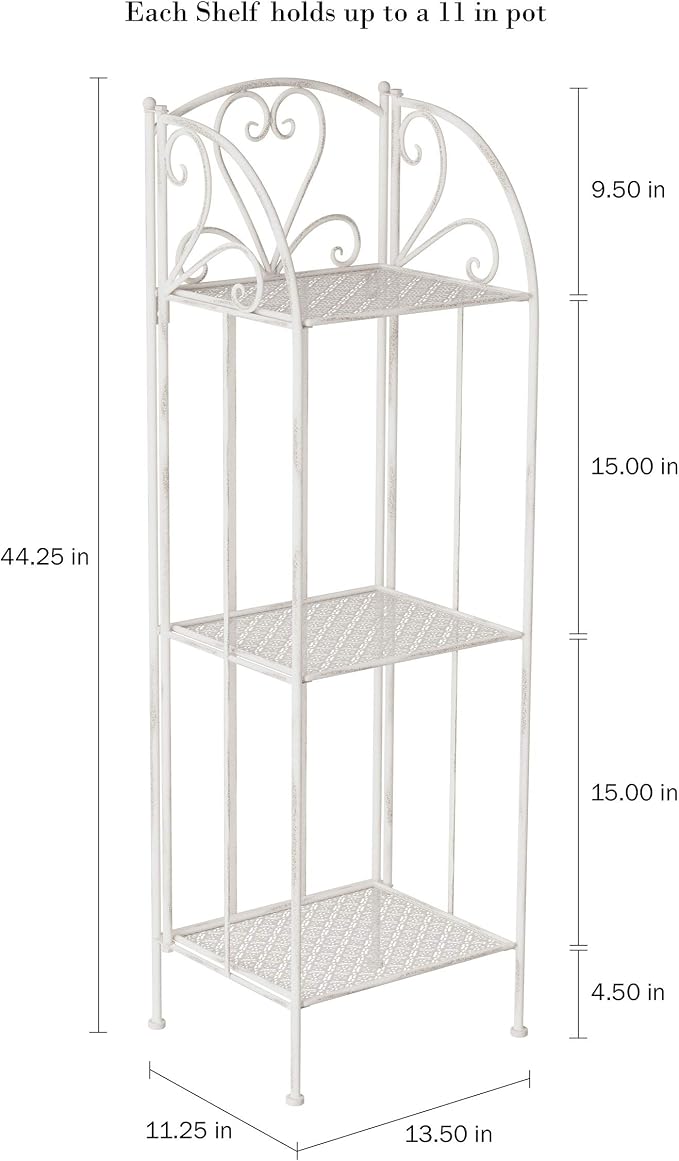 Plant Stand 3-Tier Vertical Shelf Indoor or Outdoor Folding Wrought Iron Home Garden Display with Laser Cut Shelves by Pure Garden (Antique White)