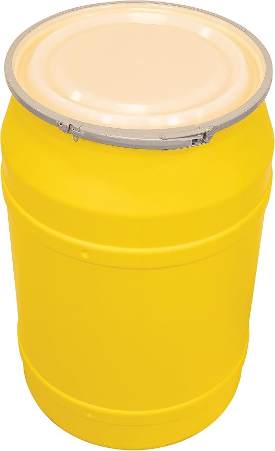 Eagle 55 Gallon Plastic Drum with Lid, Metal Lever-Lock, 36.4"x22.5", Open Head Lab Pack Drum Made of Durable, Lightweight HDPE, Withstands Weather and Chemicals, Made in USA, Yellow, 1656M