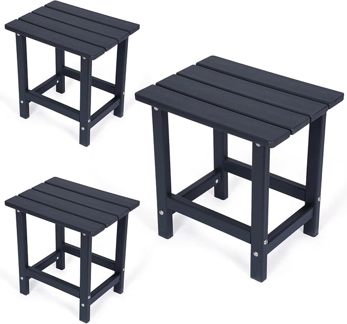 Outdoor Side Table Set of 3, HDPE Small Outdoor Table, Adirondack Side Table, Outside End Table for Patio, Porch, Deck, Pool, Indoor or Outside Use, Black