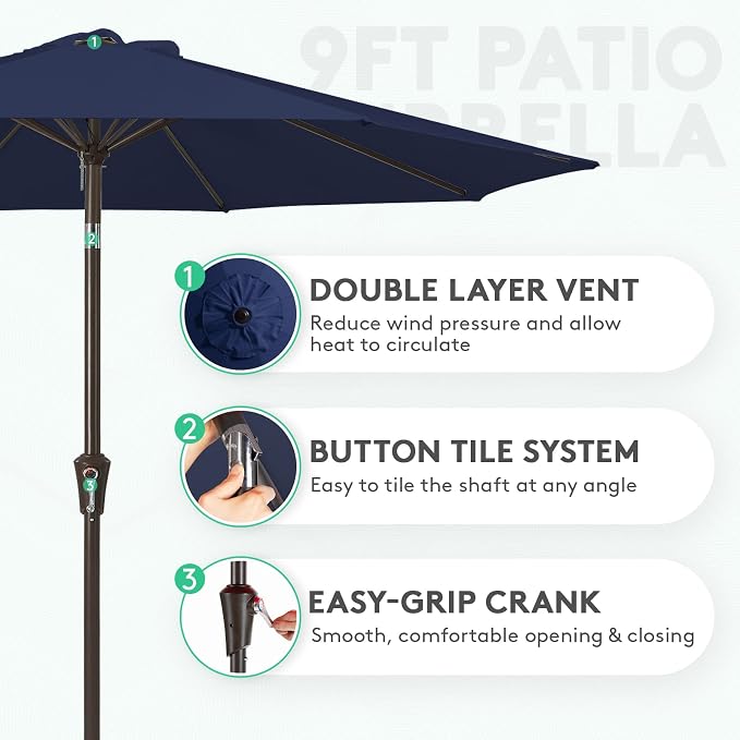 JEAREY 9FT Outdoor Patio Umbrella Outdoor Table Umbrella with Push Button Tilt and Crank, Market Umbrella 8 Sturdy Ribs UV Protection Waterproof for Pool, Garden (Navy)