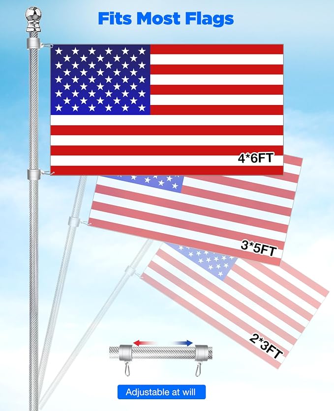 6FT Carbon Fiber Flag Pole for Outside House – Silver Porch Flagpole, 1 Inch Diameter, Rustproof, 360° Rotating Flag Rings & Stainless Steel Carabiners Included, for All Weather (2, silver 6ft)