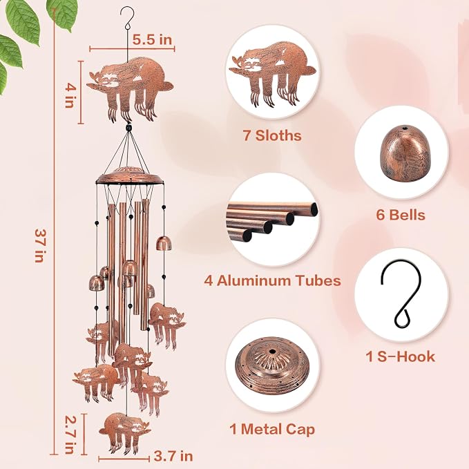 Sloth Wind Chimes for Outside,Sloth Gifts for Women/Men/Sympathy Gift/Memorial Gifts/Birthday Festival Metal windchimes Outdoors/Indoors,Patio Decor,Garden Decor,Home,Yard