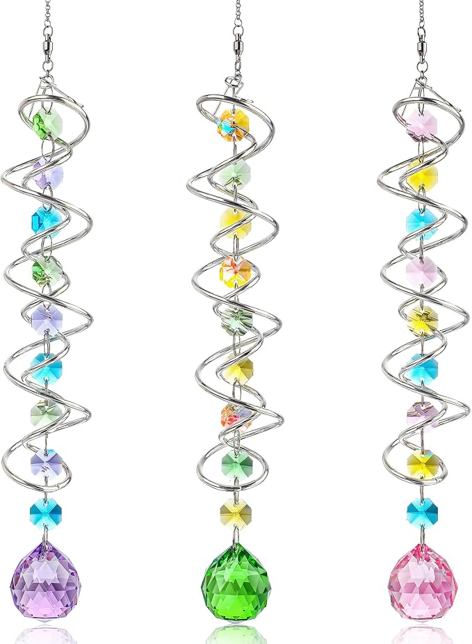 Set of 3 Crystal Suncatcher Spiral Wind Spinner Gazing Ball Decor | Crystal Suncatcher Rainbow Maker with Spiral Tail Hanging for Outdoor Garden Patio Porch Christmas Window Decor