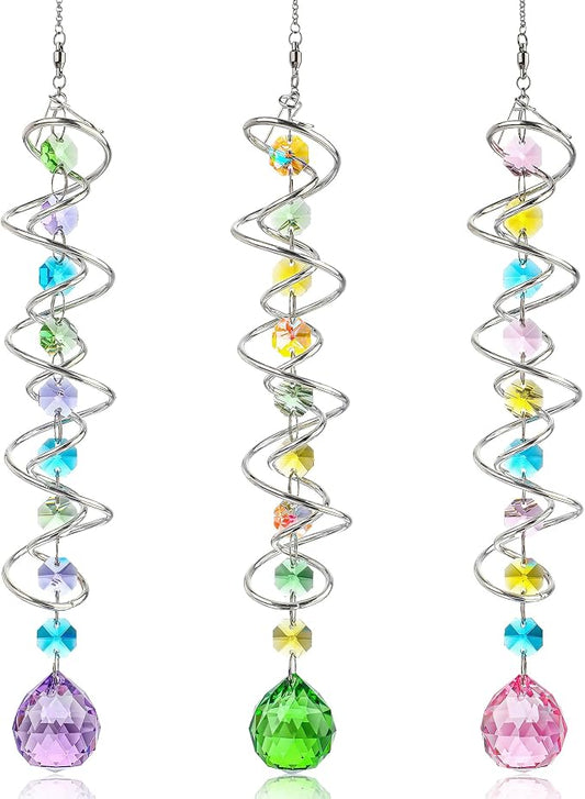 Set of 3 Crystal Suncatcher Spiral Wind Spinner Gazing Ball Decor | Crystal Suncatcher Rainbow Maker with Spiral Tail Hanging for Outdoor Garden Patio Porch Christmas Window Decor