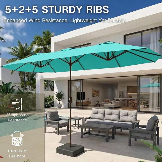 Kingdura 15ft Large Patio Umbrella with Base Included, Double-Sided Rectangle Outdoor Table Umbrella with 12 Reinforced Ribs, Crank Lift for Market Pool Deck Backyard, Tiffany blue