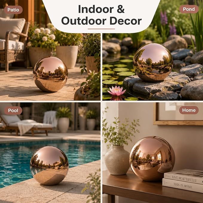 Gazing Ball Garden Mirror Outdoor 10Inch Outside Decorative Globe Rose Gold | Metal Polished Reflective Sphere, Stainless Steel Hollow Decoration Ornament for Home Pond Swimming Pool Housewarming Gift