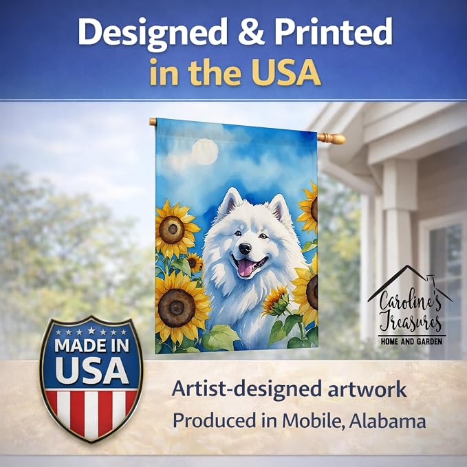 Caroline's Treasures DAC6153CHF Samoyed in Sunflowers House Flag Large Porch Sleeve Pole Decorative Outside Yard Banner Artwork Wall Hanging, Polyester, House Size, Multicolor