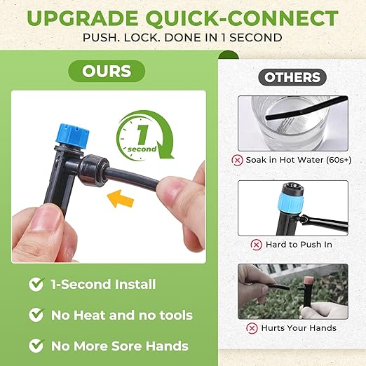 HIRALIY 50FT Drip Irrigation System Kit, Quick-Connect Garden Watering System with 10FT Main Hose and 40FT 1/4" Tubing, Adjustable Drippers for Patio Pots, Container Gardens & Small Raised Beds
