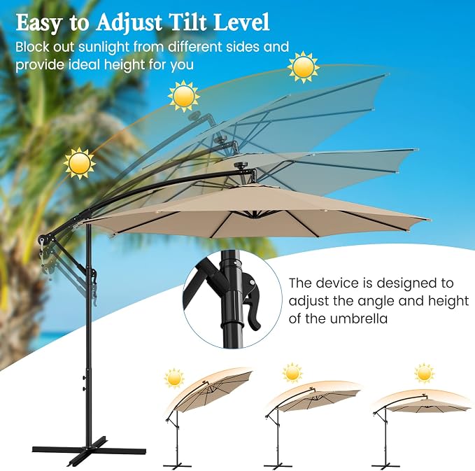 HAPPYGRILL 10FT Cantilever Patio Umbrella with Solar Lights, Outdoor Hanging Offset Umbrella with 112 LED Lights, Tilt Design, Crank Handle, Cross Base Stand for Garden Yard Deck