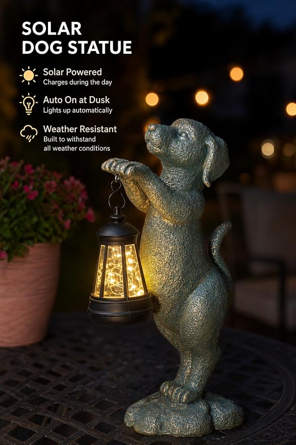 Solar Dog Garden Statue - Puppy Holding Lantern Outdoor Decor, Waterproof Resin Yard Art Figurine with Warm LED Light for Lawn, Patio, Porch & Pathway, Perfect Housewarming Gift for Dog Lovers