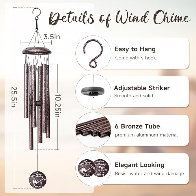 Anniversary Wind Chimes Gifts for Men Women, Happy Anniversary Decorations, 25" Wind Chimes Romantic Gift for Couple, Parents, Wife, Husband, Friends (40th