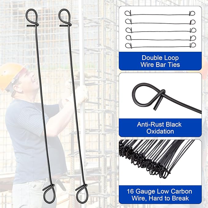 1000Pcs Double Loop Rebar Wire Bar Ties, 6.1" Double Loop, 16 Gauge, Black Steel, 10 Plastic Cable Ties, 3 Wire Tie Twisters, 2 Gloves