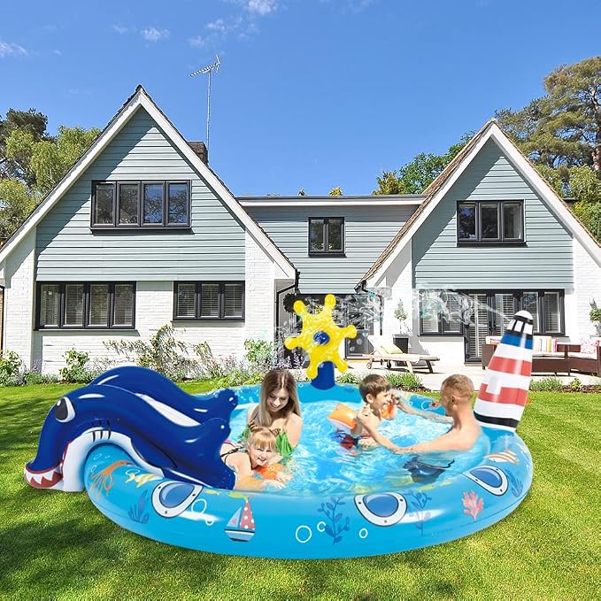 Inflatable Kiddie Pool with Slide and Sprinkler,Kids Pool for Outdoor Play | Marine Life Toddler Pool,Water Game Play Center,80" x 60" x 25"