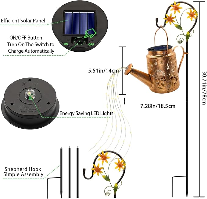 VOOKRY Solar Lights Outdoor Waterproof, Sunflower Metal Solar Watering Can Lights, Gifts for Women Mom Birthday, Hanging Lantern Decorative Garden Decor Yard Light for Outside Patio Lawn Porch