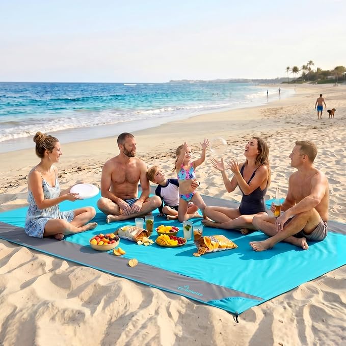 Wolfwise 78" × 81" XXL Beach Blanket, Waterproof & Sandproof Picnic Mat with 4 Sand Pockets & 4 Stakes, Windproof Outdoor Camping Beach Mat, Lightweight, Fits 4 People, Green