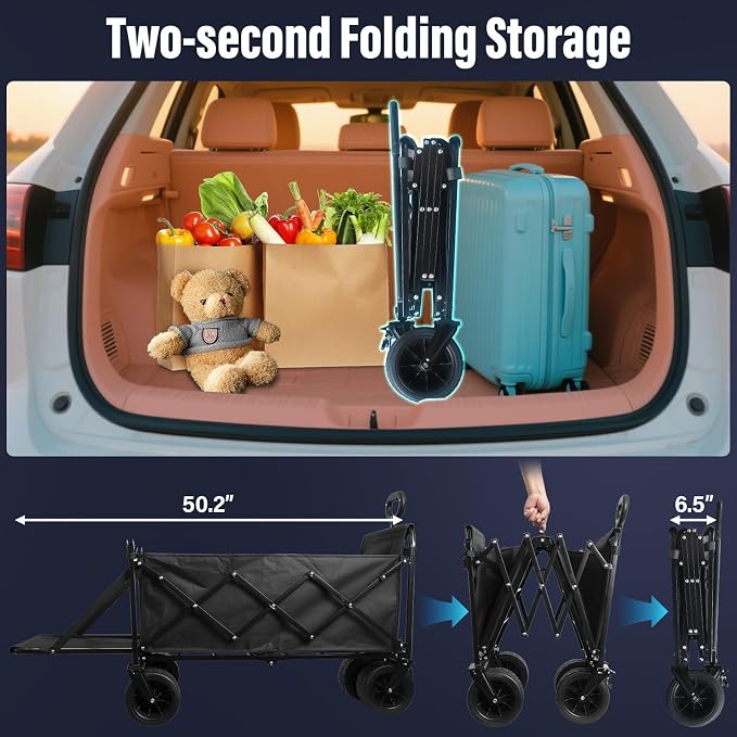 Upgraded Folding Wagon Cart with All-Terrain Wheels – Heavy Duty Collapsible Utility Wagon for Grocery, Sports, Garden, Camping, Shopping (Black 600LBS)