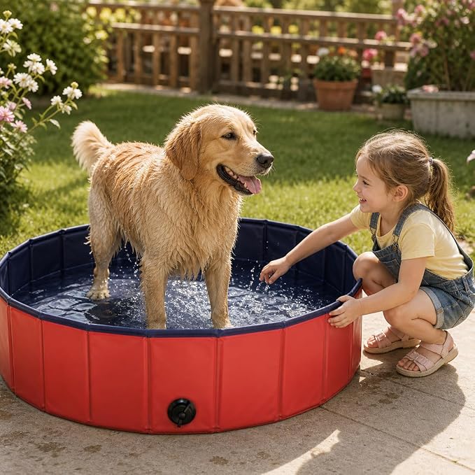 lionto Foldable Dog Pool Made of Scratch-Resistant PVC Material, Ø 31,5 in, Height 7,9 in, Anti-Slip Coating & Drain Plug for Quick Emptying, no Pump Required, Robust Children's Pool, Blue/red