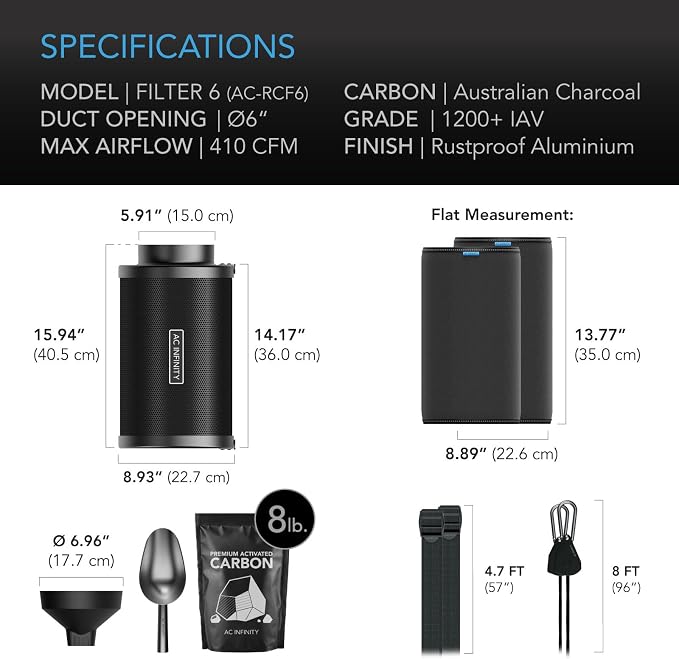 AC Infinity Refillable Carbon Filter Kit 6” with Additional Refill. | Odor Removal Air Scrubber For 6" Inline Fan and Ducting, Reusable Charcoal Filter for Grow Tent Grow Room Hydroponics