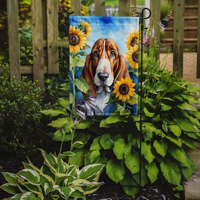 Caroline's Treasures DAC6017GF Basset Hound in Sunflowers Garden Flag Mailbox Flag Decorative Yard Flag Banner Outside Patio Artwork Yard Flower Beds, Garden Size, Multicolor