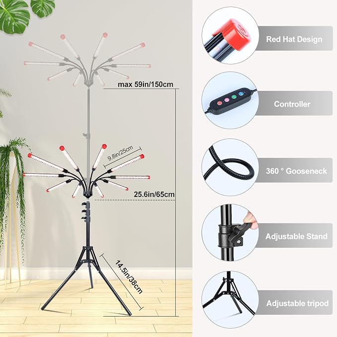 FECiDA Gamechanger! 90 Watt Power Draw, NO Need Adapter, 10Head Grow Light with Tripod Stand, 2026 Big Coverage LED Grow Lights for Indoor Tall Plants, Bonsai Tree, 4/8/12/16/20H Timer