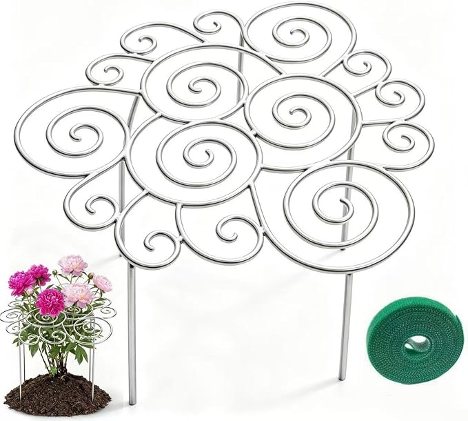 Spiral Metal Plant Support Ring, Heavy Duty Peony Cage, Rustproof Garden Support for Flowers, with 196in Velcro Plant Ties 2pc