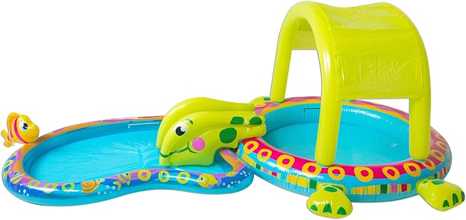 Banzai Shade 'N Slide Turtle Inflatable Outdoor Kiddie Splash Pool with Fish Sprinkler, Removable Canopy, and Mini Slide for Ages 3+