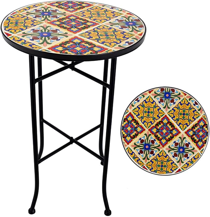 Mosaic Outdoor Side Table Small Round Patio Table Plant Stand | 21" Accent End Table with 14" Ceramic Tile Top for Small Spaces Porch Pool Garden Decor Indoor Living Room Bedroom Balcony