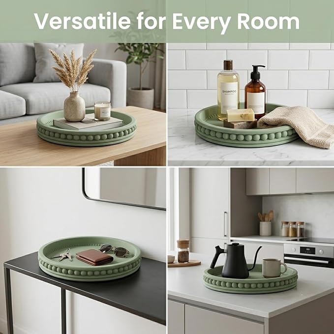 11" Round Concrete Decorative Centerpiece Tray for Coffee Table Sage Green | Modern minimalist centerpiece tray for coffee table, living room, dining & office storage display, sturdy tabletop home decor