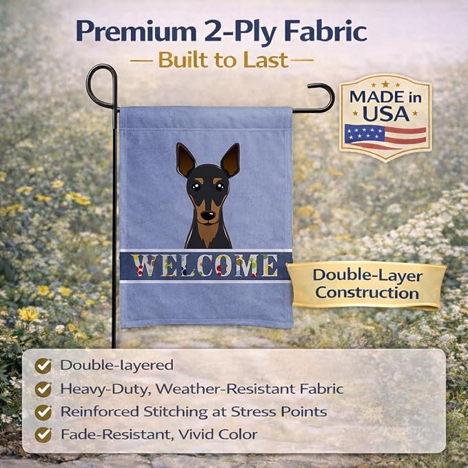 Caroline's Treasures BB1426GF Min Pin Welcome Garden Flag, Blue Mailbox Flag Decorative Yard Flag Banner Outside Patio Artwork Yard Flower Beds, Garden Size, Multicolor