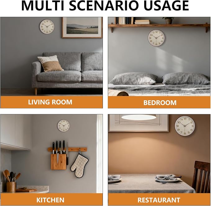 Woodgrain Wall Clock, Silent Non-Ticking Wall Clocks Battery Operated 8 Inch, Linen Texture Large Easy-to-Read Numbers Modern Analog Clock for Bedroom Living Room Kitchen Office Gym, Brown