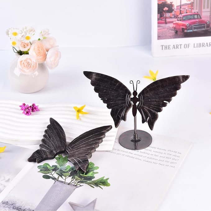 JIC Gem Large Silver Obsidian Crystals Butterfly Art Decorative Stones Natural Rocks Healing Crystal Carved Angel Wings with Display Decor Reiki Gifts (1pair, 10cm)