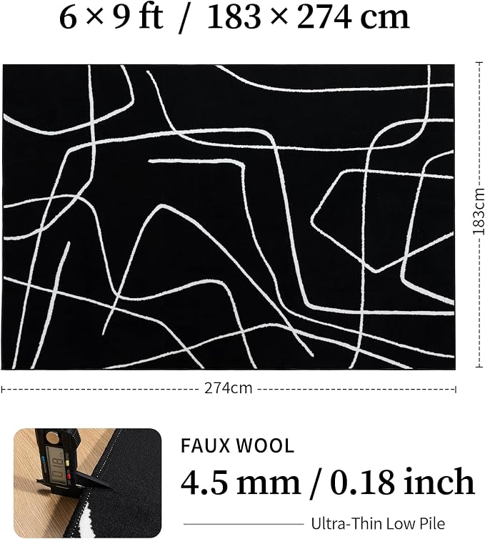 6x9 Washable Modern Abstract Black White Area Rug | Ultra-Thin Low Pile, Non-Slip TPE Backing, Soft Stain Resistant, Machine Washable, for Bedroom Livingroom High Traffic
