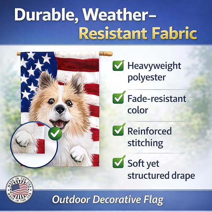 Caroline's Treasures CK6566CHF Icelandic Sheepdog Dog American Flag House Flag Large Porch Sleeve Pole Decorative Outside Yard Banner Artwork Wall Hanging, Polyester, House Size, Multicolor