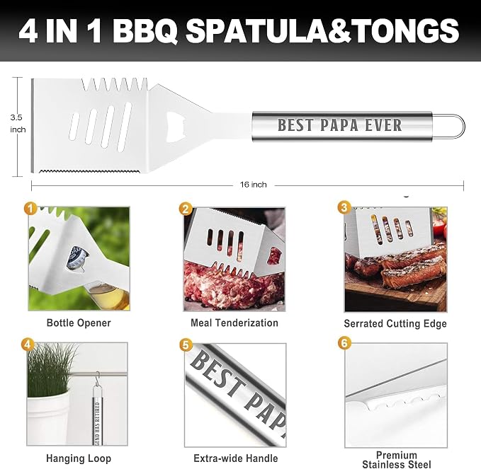 Papa Gifts, Grilling Accessories, Heavy Duty Stainless Steel Grill Set BBQ Grill Tools for Outdoor Grill with Aluminum Case, Papa Grill Utensils Ideal Christmas Grilling Gift for Men(Black)