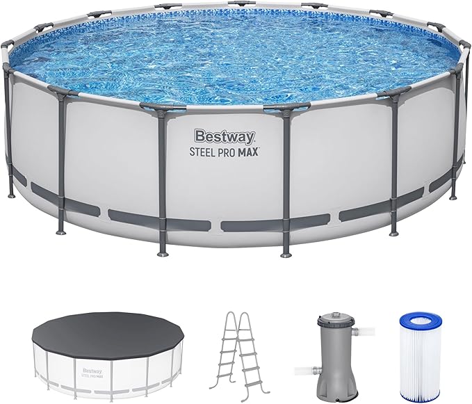 Bestway Steel Pro MAX 15' x 48" Above Ground Swimming Pool Set with Pump | Durable Round Metal Frame Outdoor Backyard Pool, Puncture-Resistant Liner - Ladder and Cover Included, Gray