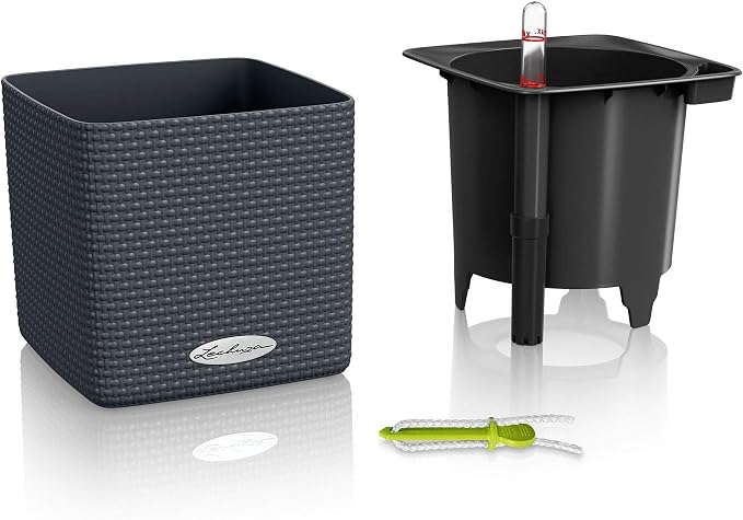 Lechuza Cube Color 16 Slate, Self-Watering Indoor Small Plant Pot, H6.3 L6.7 W6.7 in