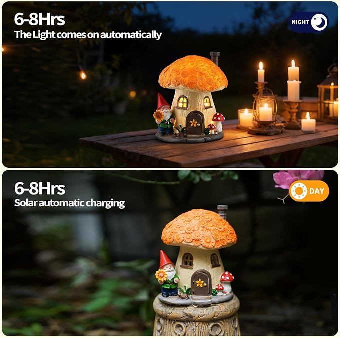 7.48" Mushroom House Garden Statue with Solar Light, Sunflower and Snail | Whimsical Outdoor Garden Decor for Lawn, Balcony, Patio, Porch and Yard, Charming Housewarming Gift for Garden Lovers