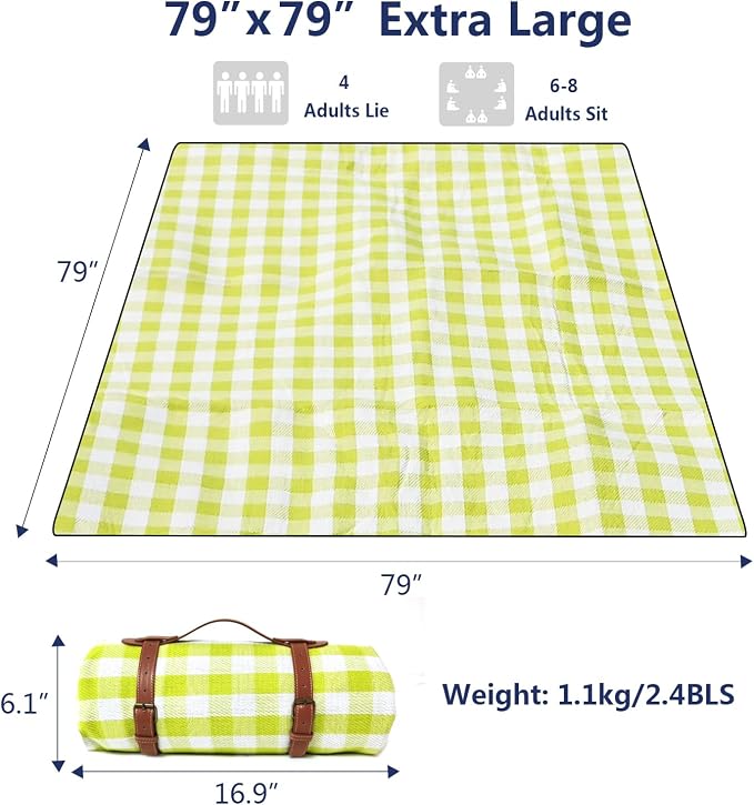 79”x79” Picnic Blanket Extra Large, Waterproof and Foldable Beach Blanket, 3-Layer Outdoor Blanket for 6 to 8 Adults, for Camping, Park, Beach, Grass, Indoors
