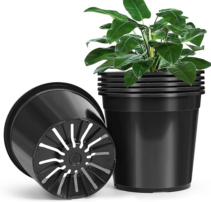 6 Pack 5 Gallon Pots for Plants, 5 Gallon Plastic Nursery Pot with Drainage Holes, Sturdy Plastic Plant Pots for Nursery Garden, Flowers, Succulent Outdoor Indoor (Black, 5 Gal- 6 Pack)