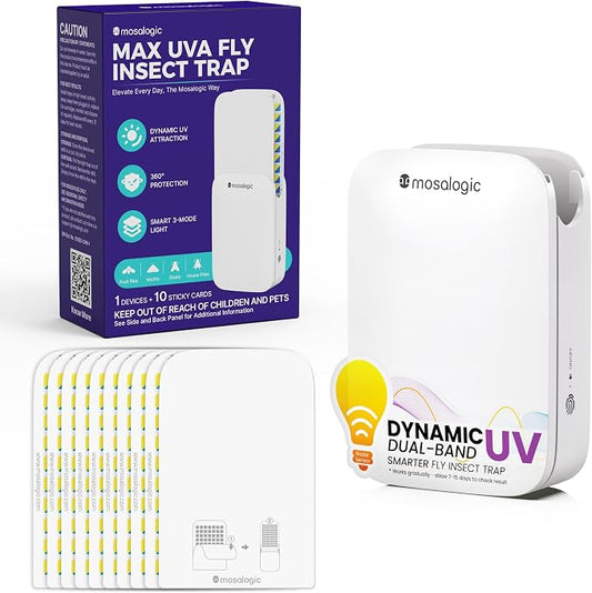Mosalogic Max Flying Insect Trap Fruit Fly Traps for Indoors,Indoor Gnat Catcher for House Use, Bug Catcher & Flies Trapper-Smart Owl Mode, Dynamic UV Attraction,Compact Size(1 Device+10 Refills)