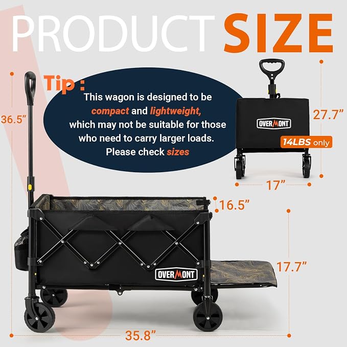 OVERMONT Collapsible Wagon Cart with Tailgate, 220 lb Lightweight Folding Utility Cart with Wheels, Compact Grocery Garden Sports Carrier for Shopping Camping Outdoor Use